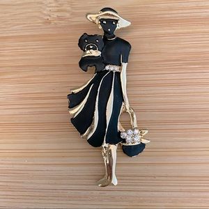 Vintage Gold, Black and Crystal Woman with Dog Pin Brooch